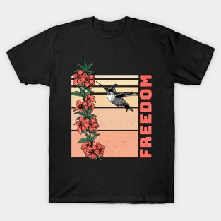 Humming Bird with Flowers Retro Sunset (Red) T-Shirt